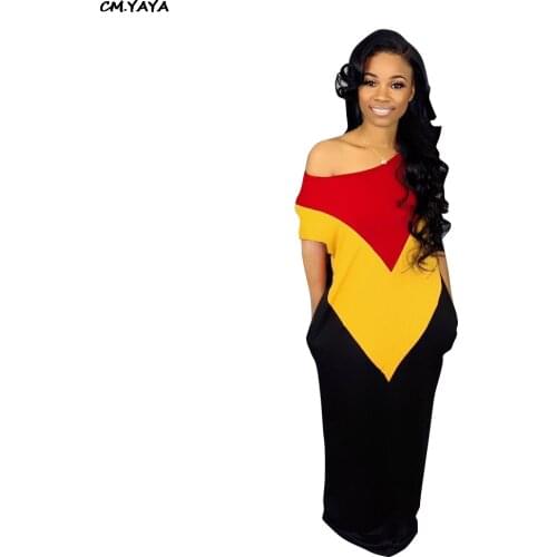 Women new off shoulder splicing short sleeve slim loose maxi dress active wear casual long fashion dresses vestidos 3color TS930