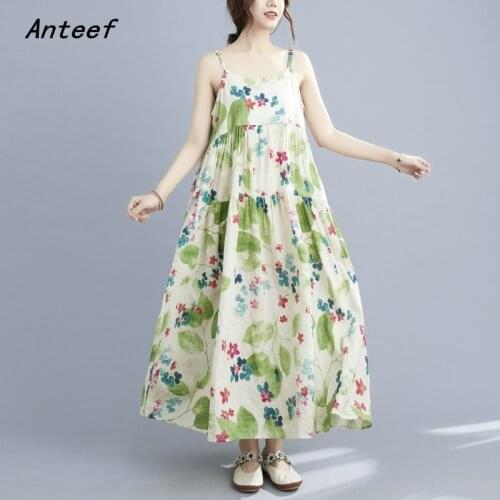 Sleeveless strap cotton vintage floral dresses for women casual loose long woman summer dress elegant clothes 2021