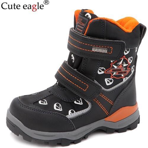 Cute eagle New Winter Boys Snow Boots Pu Leather Mid-Calf Childs Shoes Plush Rubber Winter Warm Wool Boots for Boys EU 27-32