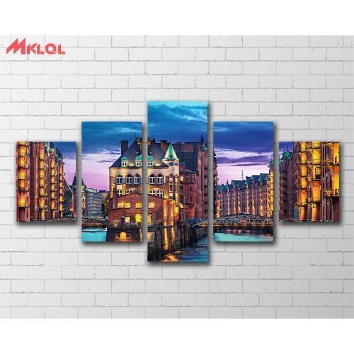 2017 Wall Art Canvas Painting Oil Painting 5pcs City Germany Hamburg Light Man Made Night Print Room Decor Picture Canvas