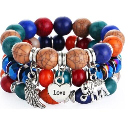 3 pcs/set Boho Love Heart Elephant Wing Pendant Bracelets Vintage Ethnic Style Colorful Stone Beaded Bracelet For Women Jewelry