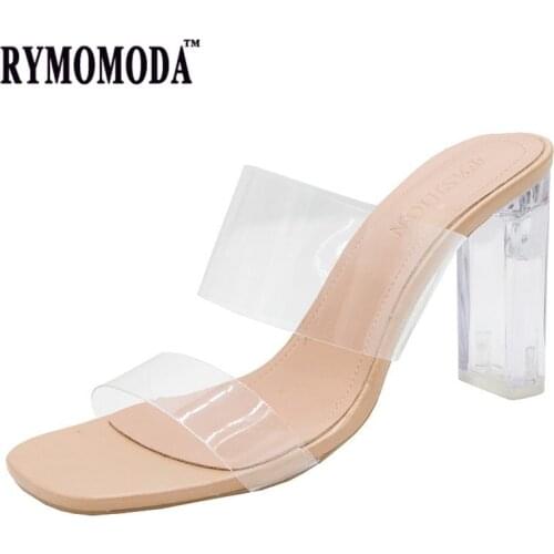 Transparent PVC Sandals Women Summer 2021 Fashion Girl Sexy Clear 6cm 9cm Round Heel Open Toe Female High Heel Slippers Shoes