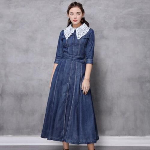 Retro denim dress fashion lolita girl lace embroidery cotton Dresses female Bohemian over the knee Retro Dress with belt F1092