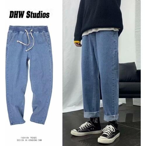 Jeans Men Loose Straight Leg Pants Elastic Waist Teenager Casual Elastic Pants Mouth Kpop Clothes Hip Hop Wide Leg Long Retro