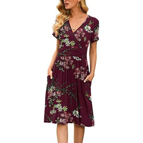 Pocket Flower Print Short Sleeve Loose Dress Slim Thin Casual All-match Temperament Gentlewoman Dignified Party Ladies Dresses