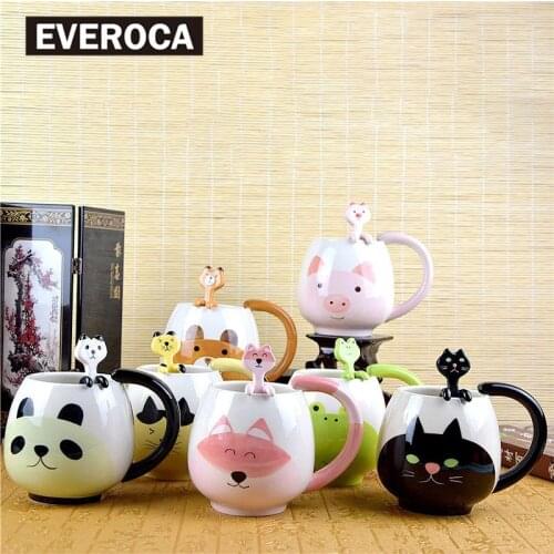 EVEROCA Cute Cartoon Animal Ceramic Cup Household Female Mug Hand Painted Childrens Water Cup with Spoon Coffee Cup Milk Cup