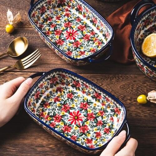 Ceramic Retro Salad Soup Bowl with Handle Household Oven Breakfast Baking Pan Microwave Bohemia Binaural Dinner Plate Tableware