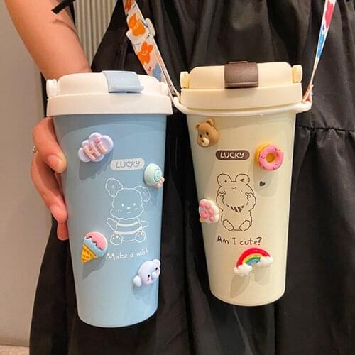 500ml Cute Thermo Water Bottle Stainless Steel Kawaii Insulated Mug For Coffee Bubble Milk Tea Cup With Straw 3D Sticker Strap