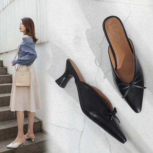 Women Mules Slippers High Heel Sandals Summer 2020 Slip On Slides Brand Bow Loafers Flip Flops Shoes Outdoor Slipper Plus Size