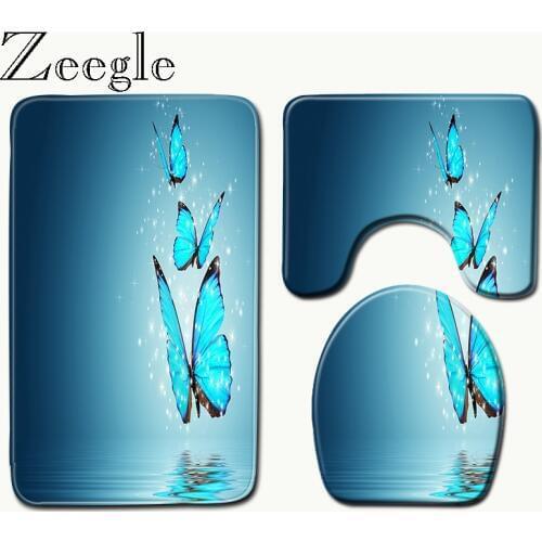 Zeegle Bathroom Bath Mat Set for Home Decor Toilet Area Rugs Anti Slip 3D Printed Flannel Soft Carpets Seat Cover Mats