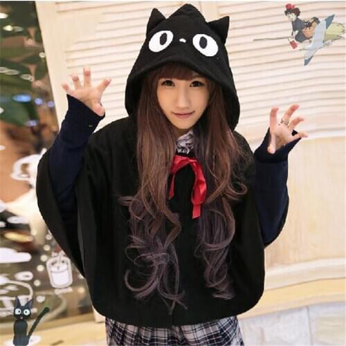 New Free Shipping Japan Hayao Miyazaki Cartoon Kikis Delivery Service Cosplay Hooded Hoodie Kiki Black Cloak Jacket COS Coat