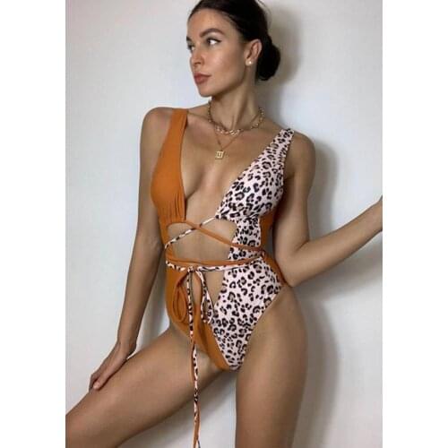 2021 newest Women’s Sexy Hollow Out Lace Up Monokini Swimsuits Color Block Leopard Patchwork Open Back Bathing Suit for Summer