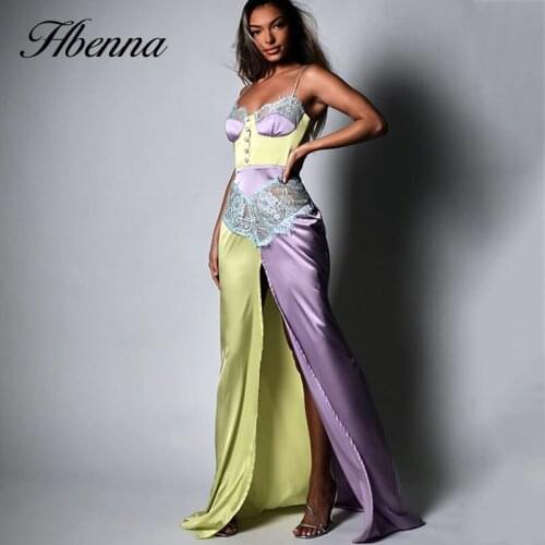 Hbenna Elegant Lace Patchwork Sexy Floor Length Dress Women2021 New Spaghetti Strap High Split Bodycon Party Long Dress Clubwear