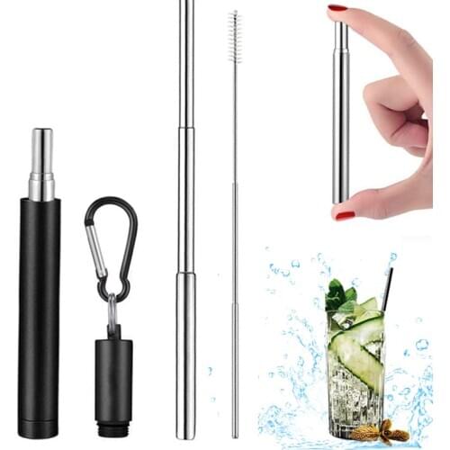 Portable Stainless Steel Straw Retractable Drinking Metal Straw Reusable Straight Straws Camping Supplies With Cleaning Brush