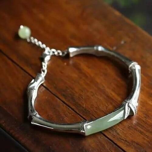 Original Handmade Silver 925 Sterling Silver Bamboo Hetian Jade Festival High Bracelet Fashion Qixi Girlfriend to Give Mom