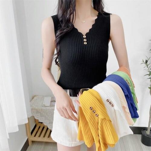 V-Neck Knit Top Elegant Black Summer Tank Top Button Vests For Women Exotic Sleeveless Korean Fashion Loose Casual Plus Size