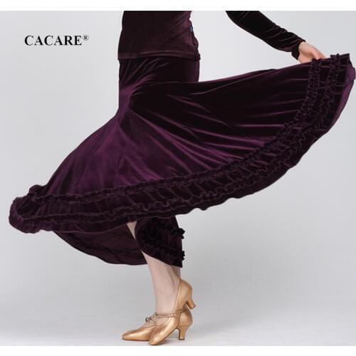 CACARE Velvet Ballroom Waltz Dance Skirt Women Fringe Salsa Latin Ballroom Dance Competition Skirt 3 Choices D0715 Ruffled Hem