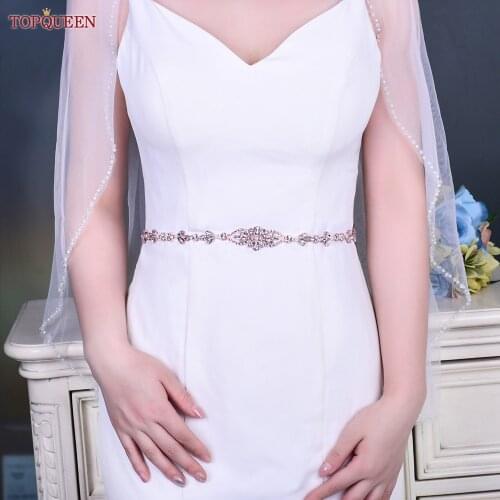 TOPQUEEN S09-RG Wedding Sash Belt Fabric Sashes for Dress at Waist Rose Gold Belt Female Belt with Rhinestone Bridesmaid Sash