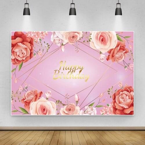 Laeacco Sweet Pink Happy Birthday Party Decor Customized Backdrop Gold Lines Abstract Rose Flower Vinyl Photography Background