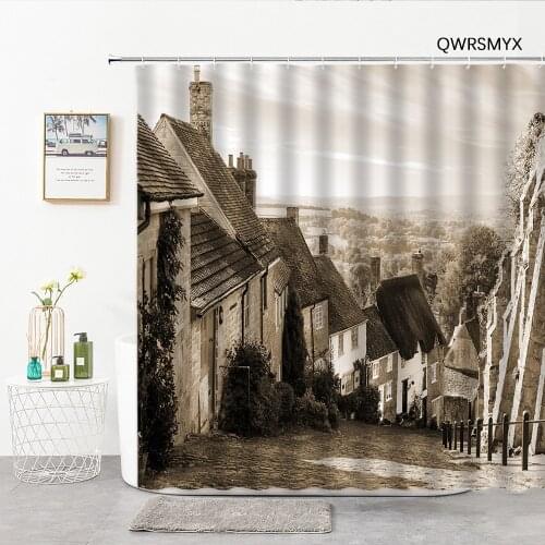 Vintage Mountain Village Old House Shower Curtains Natural Landscape Home Bath Decor Curtain Background Cloth Bathroom Products