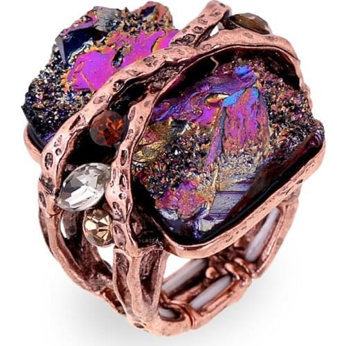 HAHA&TOTO Synthetic Natural Stone AB Colors Vintage Finger Ring for Girls Women Valentines Day Wedding Elastic Statement Rings