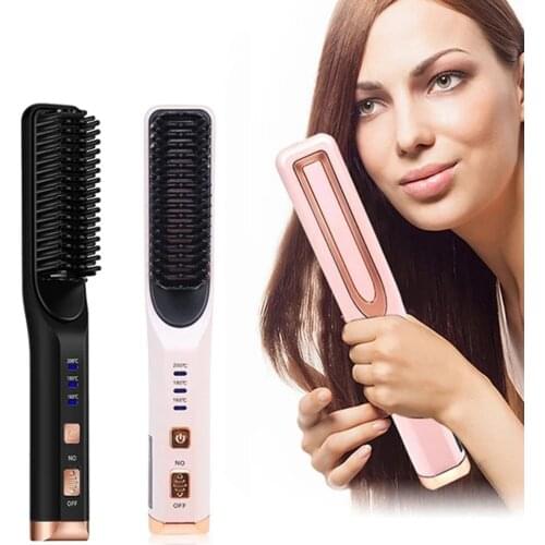 USB Rechargeable Hair Straightening Iron Temperature Control Electric Hair Straightener Brush Comb Curling Brush Styling Tool