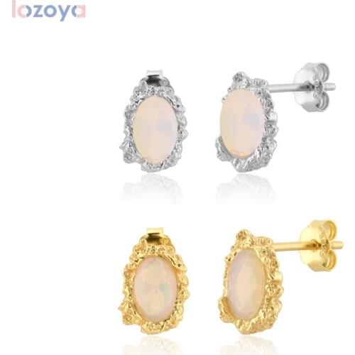LOZOYA 925 Sterling Silver Ovals Opal Rock Punk Jewels Stud Earring Piercing Ohrringe Jewelry 2020 Fashion Fine Pendiente