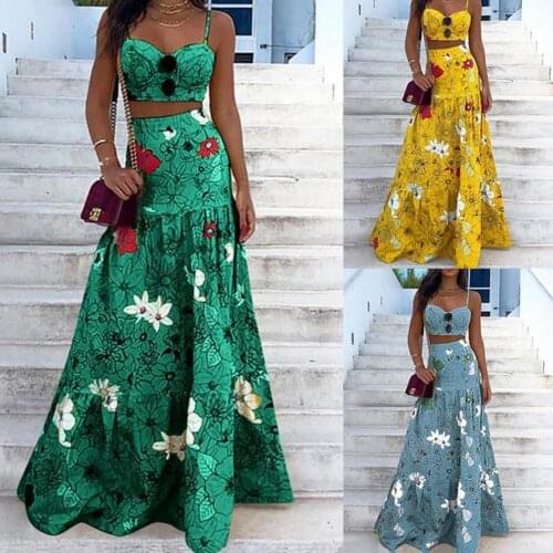 Women Skirt Floral Print Spaghetti Strap Summer High Waist Large Hem Skirt Set for Beach