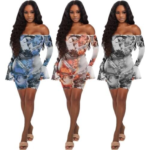 OMILKA Printed Transparent Mesh Playsuits 2020 Summer Women Flare Sleeve Off the Shoulder Bodycon Sexy Club Party Short Rompers