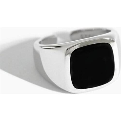 Sole Memory Frosty Black Drip Glaze Square 925 Sterling Silver Female Resizable Opening Rings SRI921