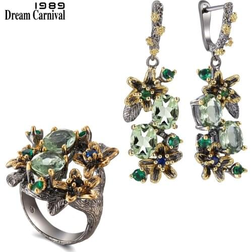 DreamCarnival 1989 Feminine Stunning Green Zircon Earring Rings Set Engagement Party Jewel Eye Catching Olivine Flower ER3874S2