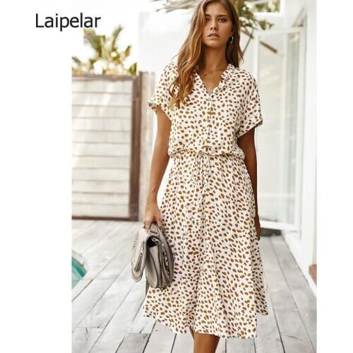 Dots Print White Summer Women Short Sleeve Tunic Midi Dress Casual Boho Beach Dress Vestidos 2020