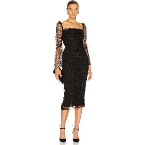 Vintage Black Sequined Sexy Mesh Polka Dot Print Long Sleeve Women Party Dress 2021 Femme Club Bodycon Evening Vestidos BD2055
