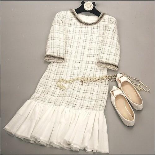 2020 Autumn Womens High quality plaid tweed dress fashion elegant ruffles Short sleeves dress C173