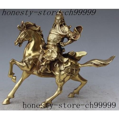 9" chinese folk myth brass Soldier General guan gong guan yu ride horse statue