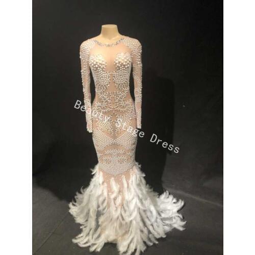 Sparkly Pearls Crystals Mesh Dress Sexy Rhinestones Perspective Dress Stage Outfit Wear Evening Celebrate Dance Costume Wear