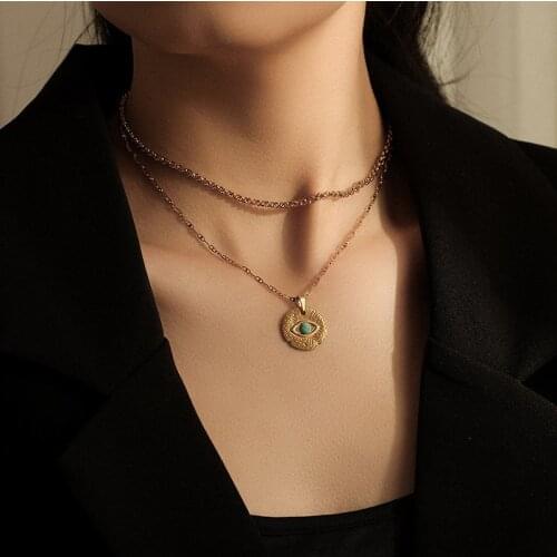 Bohemian Round Blue Turkish Eyes Pendant Necklace Stainless Steel 18 K Plated 2 Layers Link Chain Collar Necklace For Women Gift