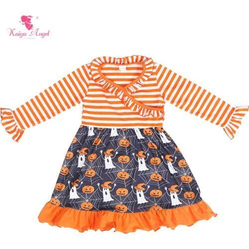 Kaiya Angel Halloween Long Sleeve Children Dress Ruched Design Striped Tops Pumpkin Printing Toddler Girls Autumn Winter Clothes
