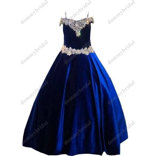 2021 Modern Royal Blue Velvet Boho Cold Shoulder Little Girls Pageant Prom Formal Dresses for Kids Teens Crystals Long Corset