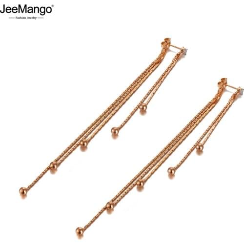 JeeMango Rose Gold Geometric Tassel Long Earrings Stainless Steel Trendy CZ Crystal Earrings Jewelry For Women Girls JE20106