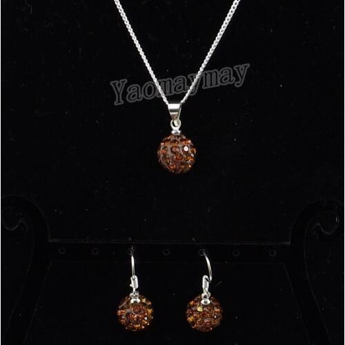 Brown Disco Ball Pendant Earrings And Necklace For Girls Rhinestone Jewellery Set 10 Sets Wholesale
