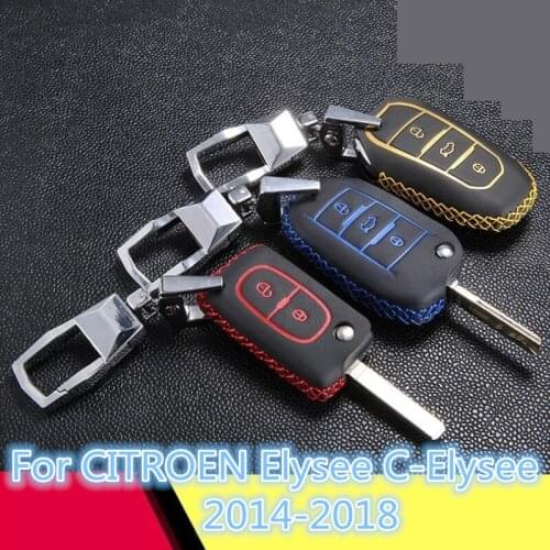 Leather Car Key Cover Zinc Alloy+Leather Case Bag Keychain Skin Set Car accessories For CITROEN Elysee C-Elysee 2014-2018