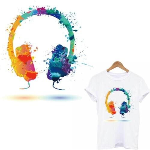 Colorful Headphones Thermo-stickers On Clothes Music Patches For Clothing Sticker Heat Transfers Patches Applique Stripe Badge