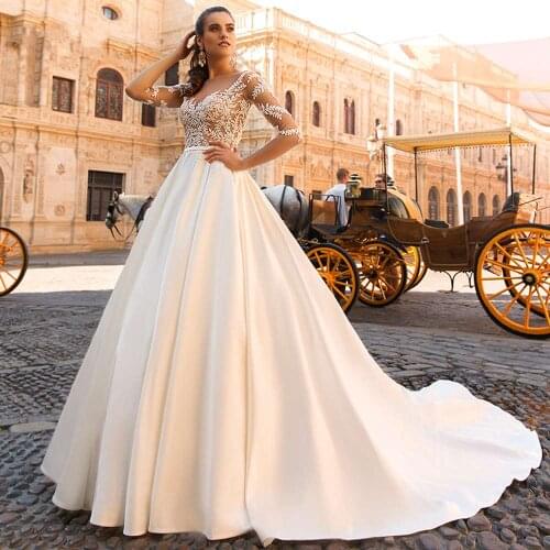 Half Sleeve Scoop Neck Lace Vintage Wedding Dress 2020 Luxury Illusion Appliques Beaded Court Train A Line Bridal Gowns