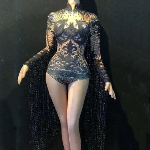 Fashion Black Red Bodysuit Tassels Shawl Printed Birthday Party Outfit Women Singer Dancer Performance Stage Costume