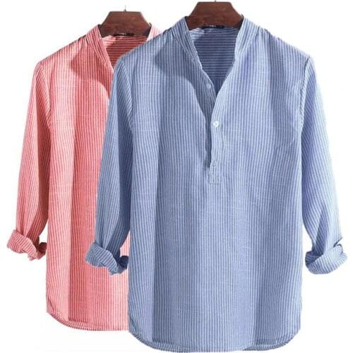 2021 New Spring Summer Men Casual Shirt Striped Stand Collar Soft Long Sleeve Fashion Buttons Blouse Mens Oversized Top Tees