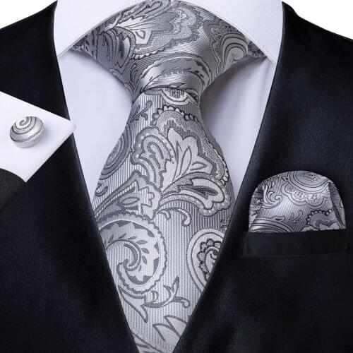 Men Necktie Silver Paisley Silk Wedding Tie For Men DiBanGu Designer Handky Cufflink Tie Set Fashion Business SJT-7244