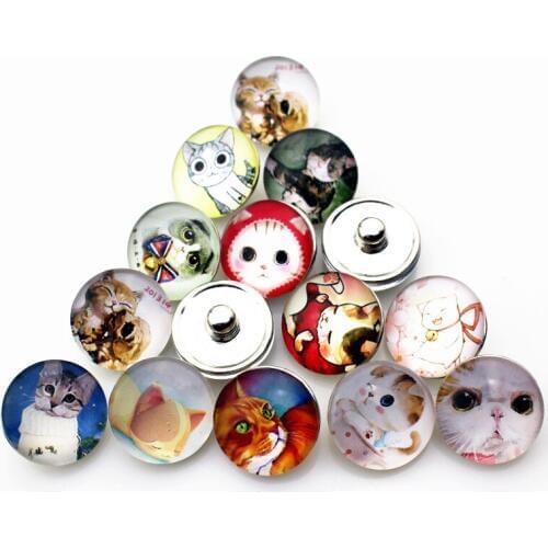 New Arrival Mix 10pcs/lot cute cat Snap Buttons Charms 18mm Print zoology Glass Buttons Fit DIY Snap Bracelets&Bangle Jewelry