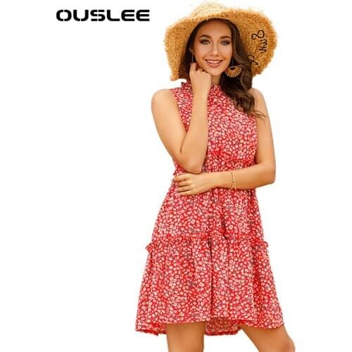 OUSLEE New Floral Chiffon Dress Women Flower Ruched Tank Dresses Summer Casual Loose Mori Girl Style Beach Vacation Dress Female