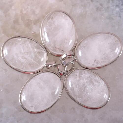 Oval Natural Stone Pendants Real White Crystal Bead Quartz Gem Men Women Pink Crystal Necklace Pendant Stone 1Pcs K690